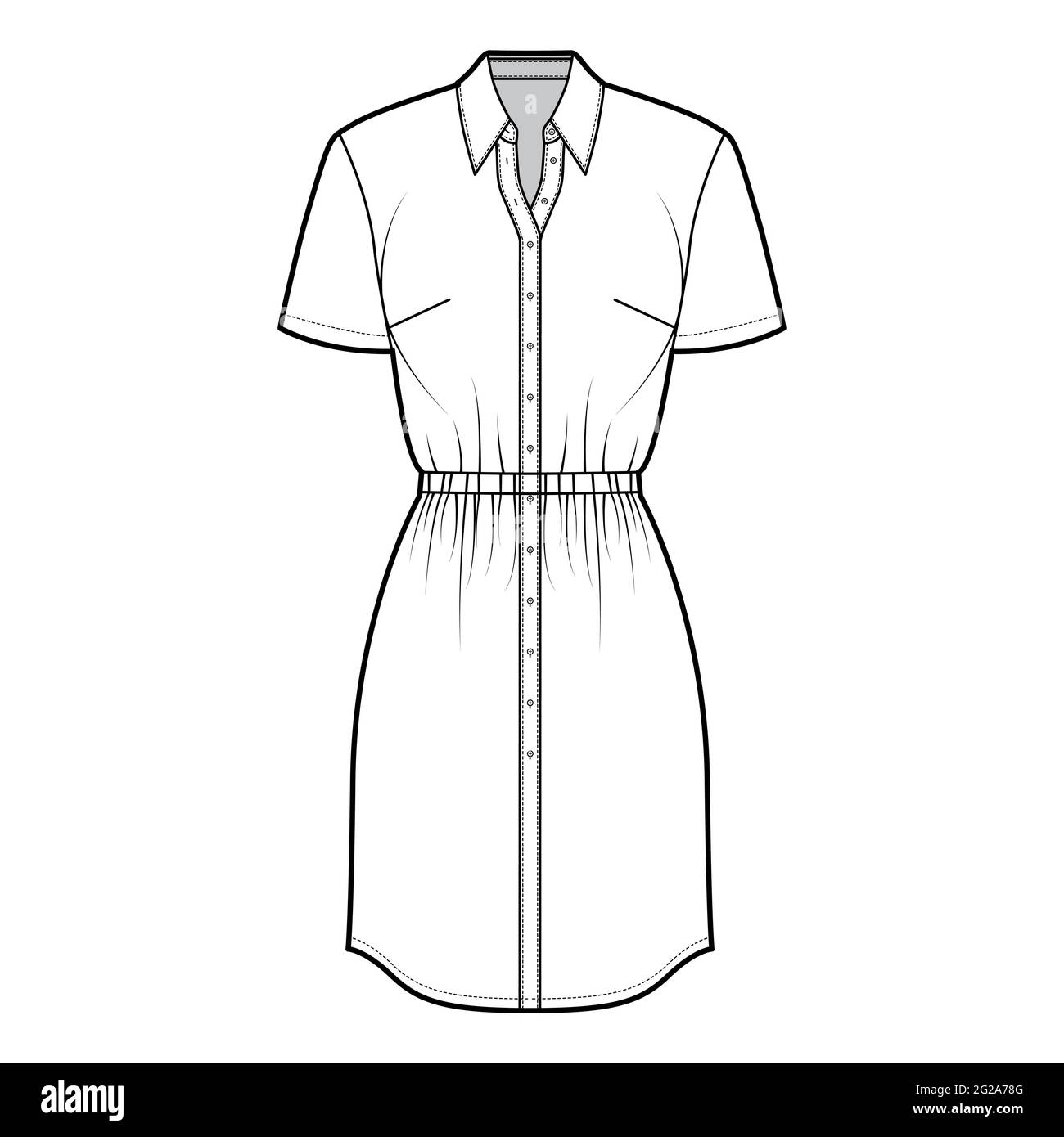 Dress shirt technical fashion illustration with gathered waist, short sleeves,, knee length pencil skirt, classic collar, button closure. Flat apparel front, white color. Women, men unisex CAD mockup Stock Vector
