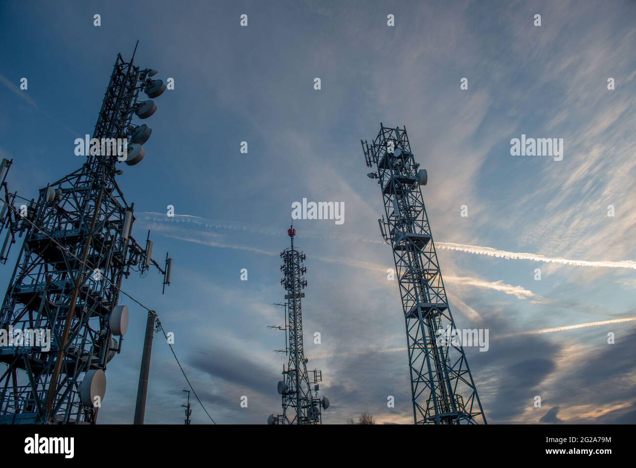 pylons with satellite dishes for Stock Photo Alamy