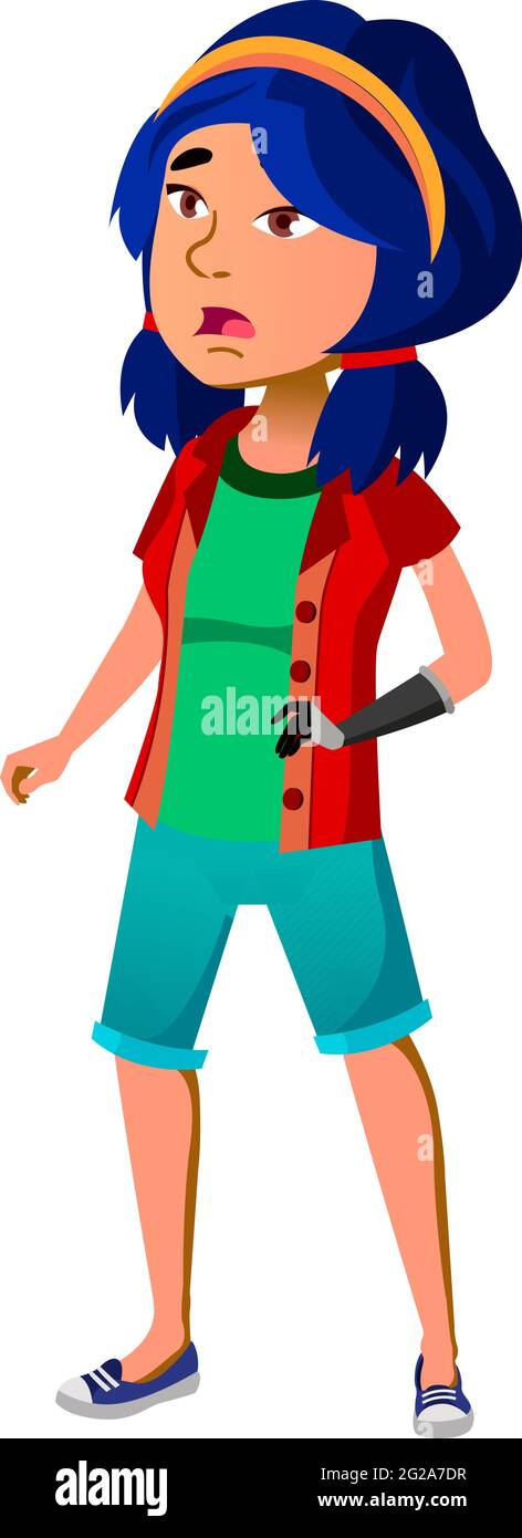 shocked girl with hand prosthesis cartoon vector Stock Vector