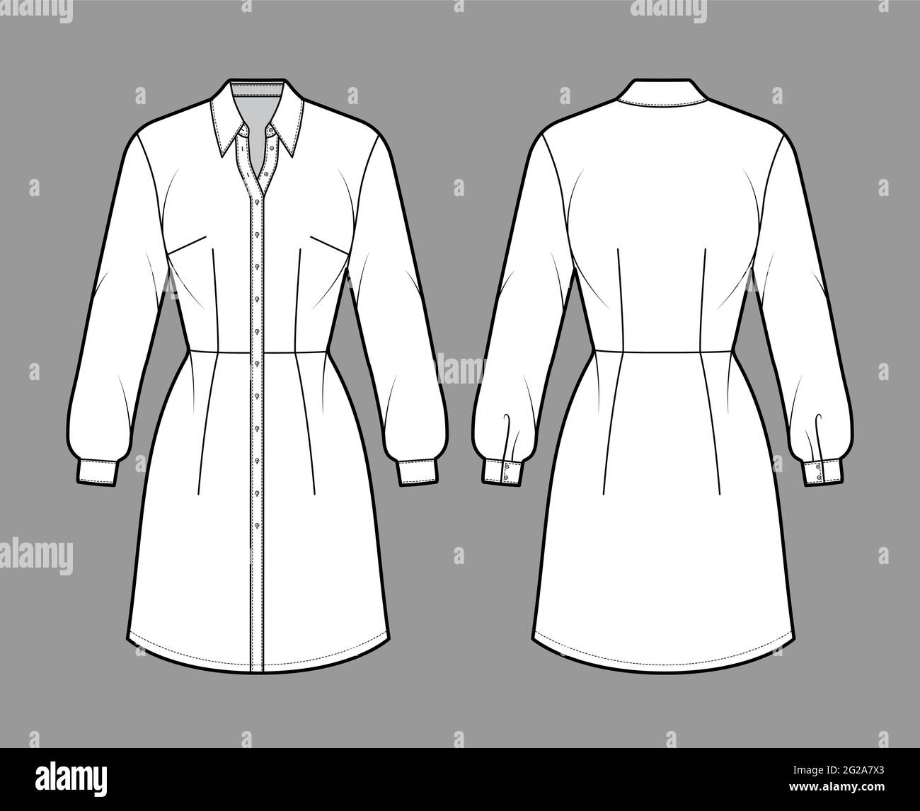 Dress shirt technical fashion illustration with long sleeves, fitted body, knee length skirt, classic collar, button closure. Flat apparel front, back, white color style. Women, men unisex CAD mockup Stock Vector