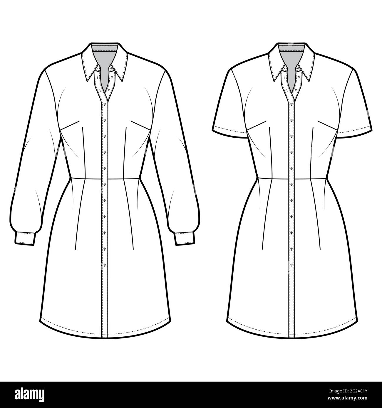 Set of Dresses shirt technical fashion illustration with long short sleeves, fitted body, knee length pencil skirt, classic collar, button closure. Flat apparel front, white color. Women, CAD mockup Stock Vector