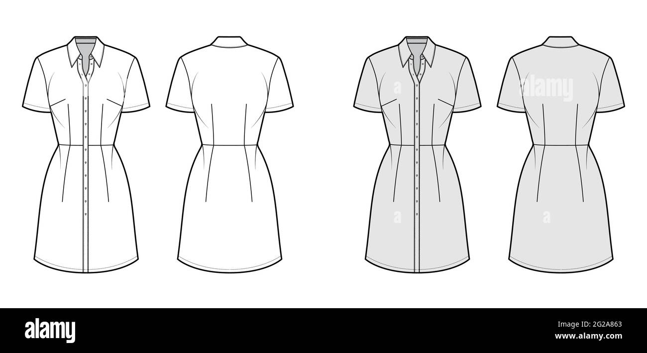 Dress shirt technical fashion illustration with short sleeves, fitted body, knee length pencil skirt, classic collar, button closure. Flat apparel front, back, white, grey color. Women, men unisex CAD Stock Vector