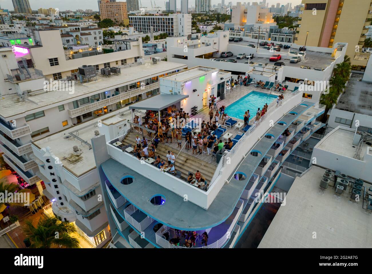 Miami Beach, FL, USA May 29, 2021 Aerial photo rooftop pool party in