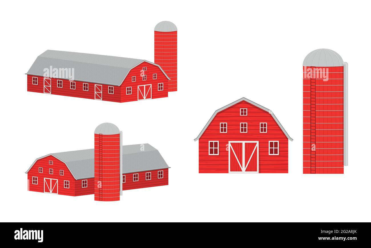 Wooden barn and silo for grain storage front and isometric view. Red farm warehouse building and container for wheat seeds isolated on white background. Vector cartoon illustration. Stock Vector