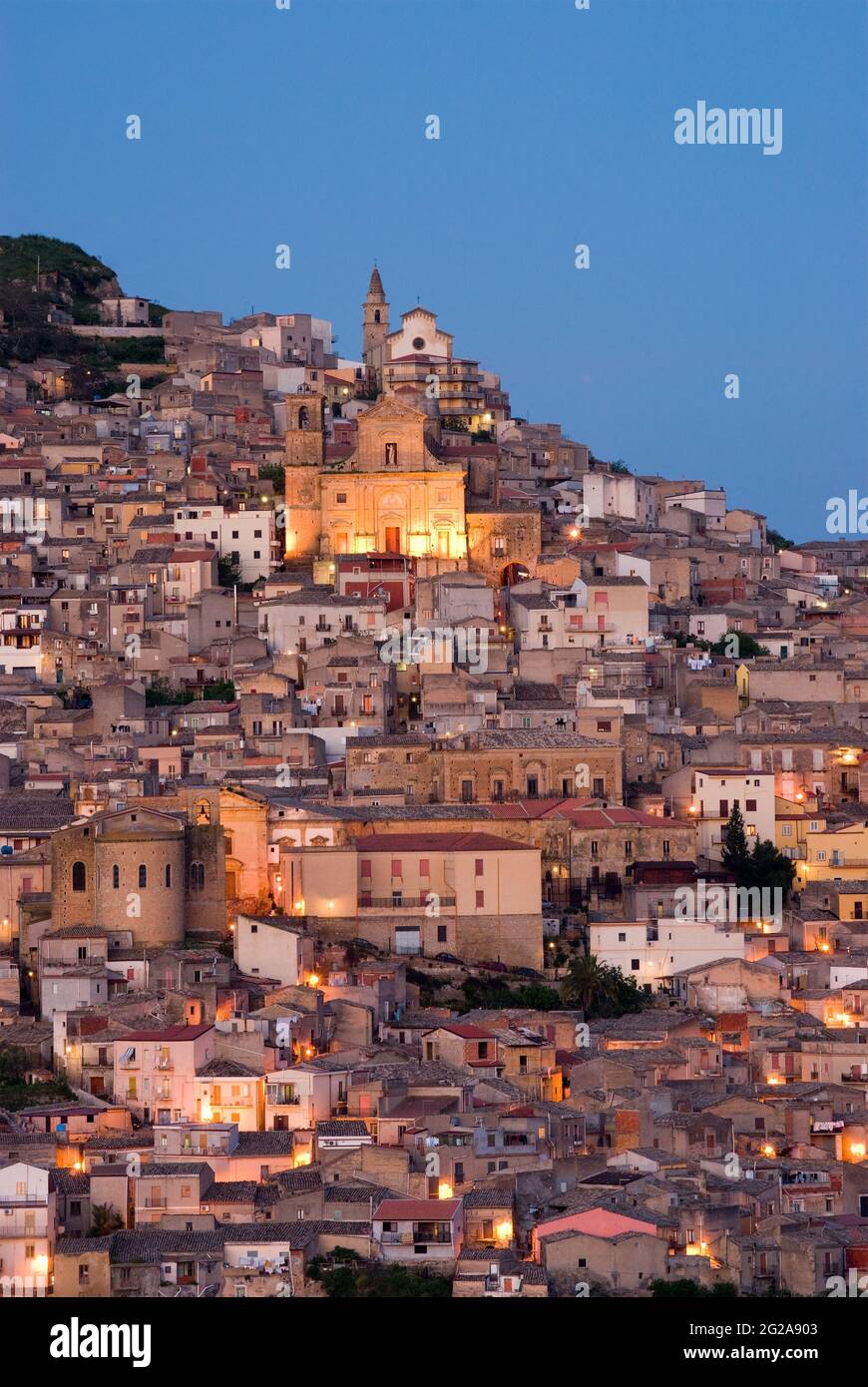 scenic view hillside town of Agira at dusk in Sicily, South Italy Stock Photo