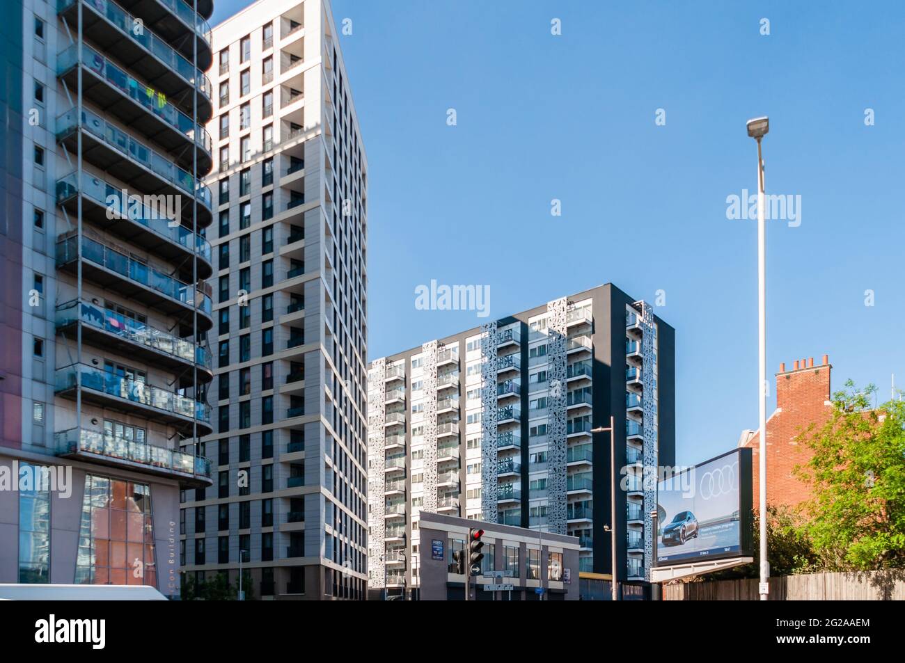 iCon Building, Modern apartment homes in blocks high rise buildings, Ilford Hill, in Ilford Stock Photo