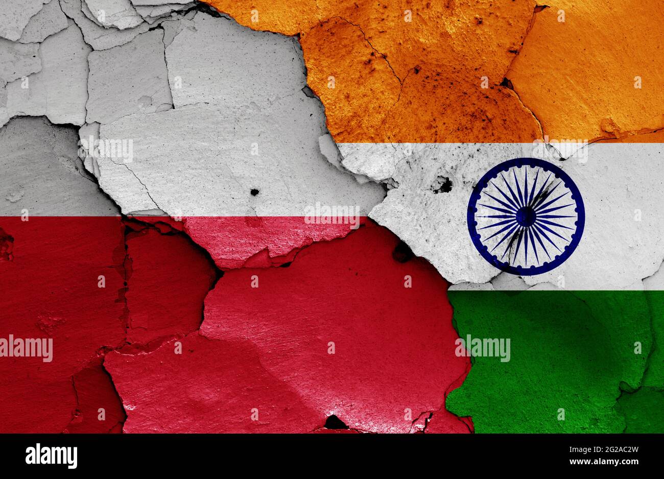 flags of Poland and India painted on cracked wall Stock Photo