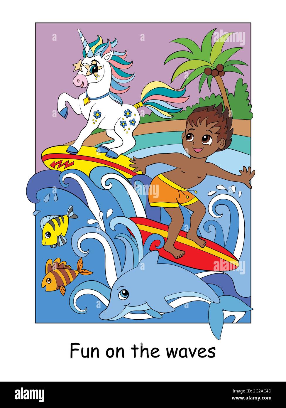 Cute boy and unicorn surf on the waves. Vector colorful cartoon illustration in children style. For postcard, posters, design, cards, stickers, room d Stock Vector