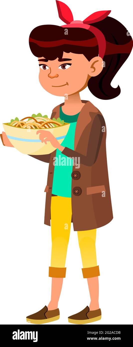 pretty asian girl carrying delicious food plate cartoon vector Stock Vector