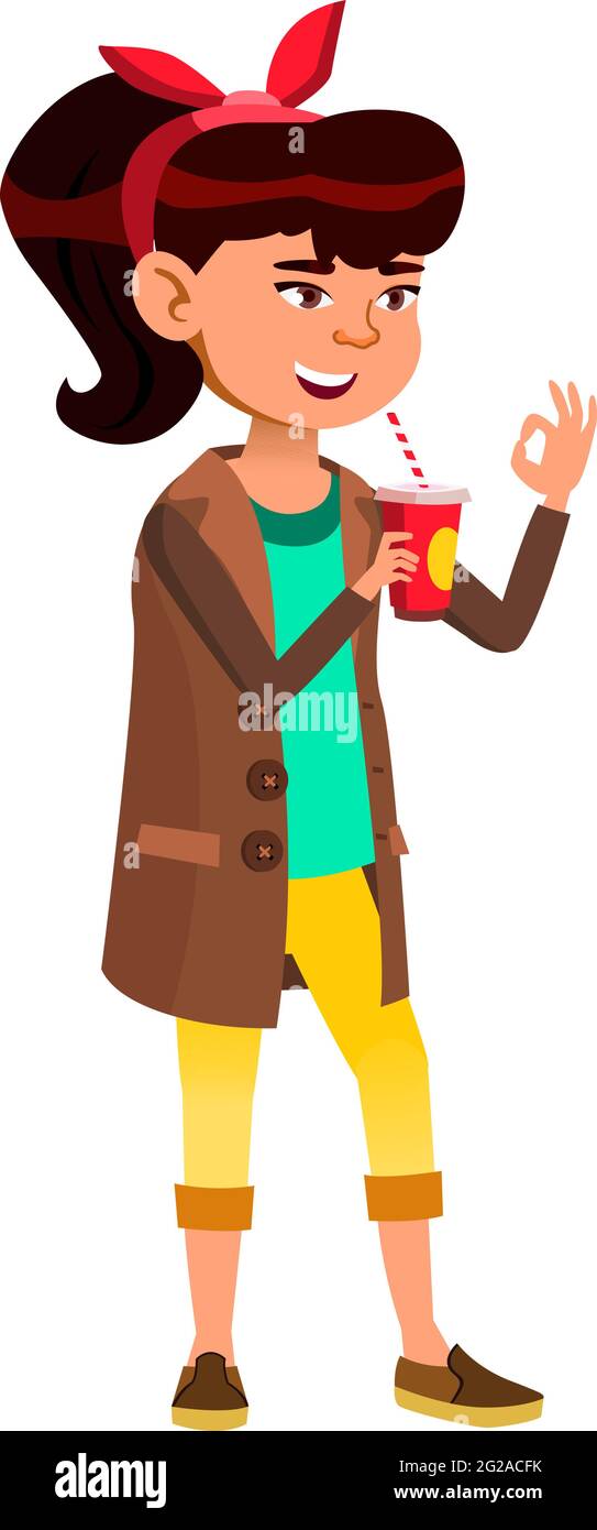smiling japanese girl child drinking soda drink and gesturing ok