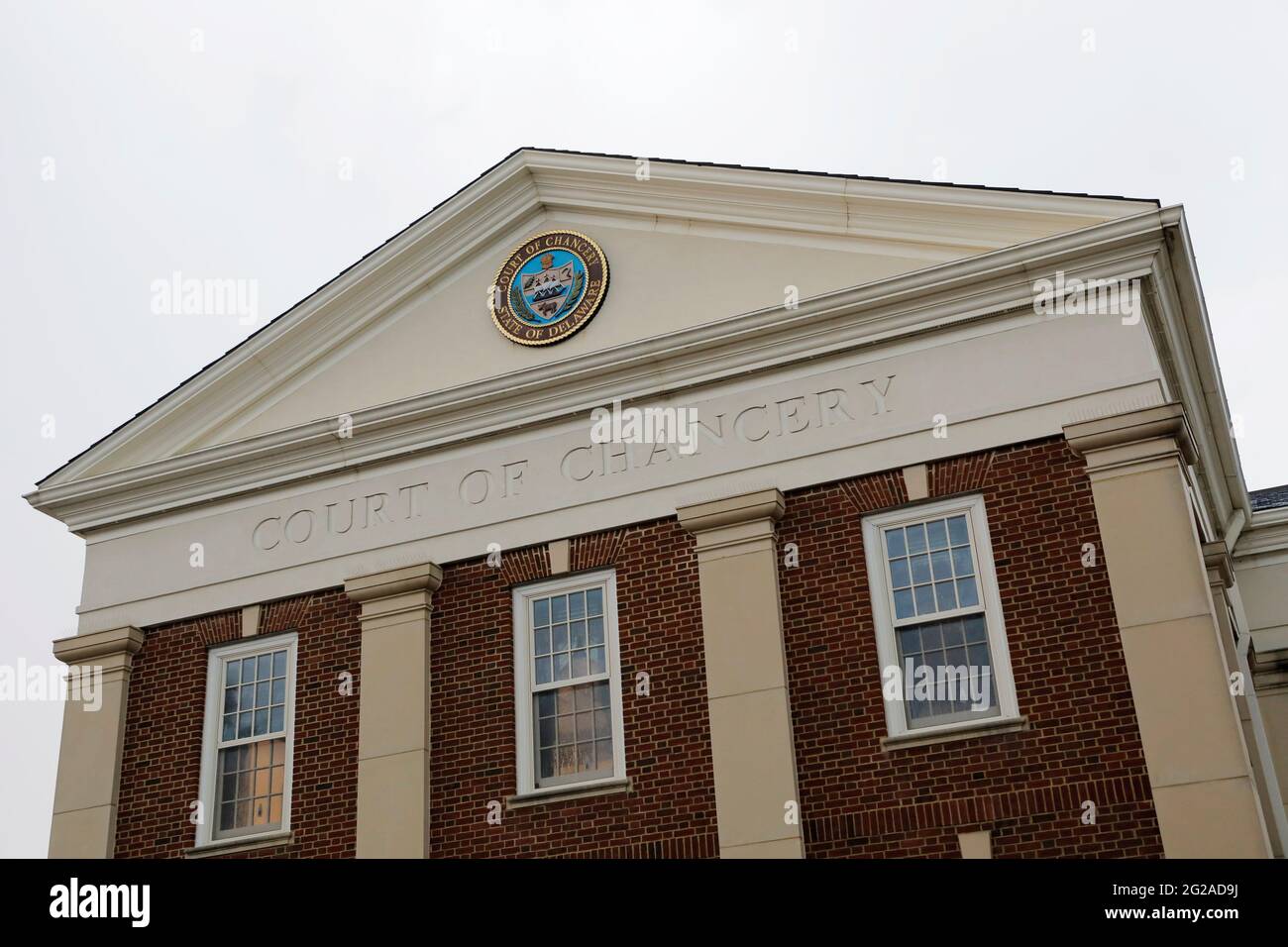 Signage is seen on the exterior of the Sussex County Court of Chancery in Georgetown, Delaware, U.S., June 9, 2021. REUTERS/Andrew Kelly Stock Photo