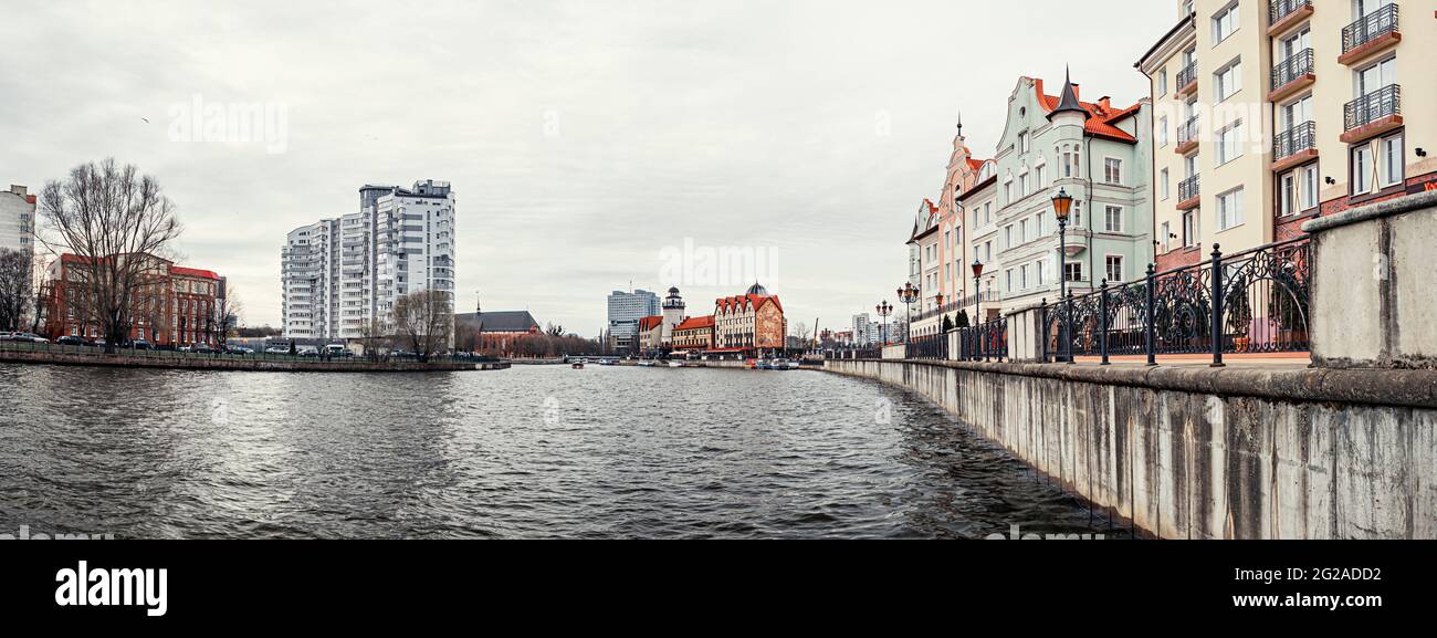 Fish Village, House of Soviets and Cathedral on the bank of the river Pregolya, tourist attractions of Kaliningrad Stock Photo