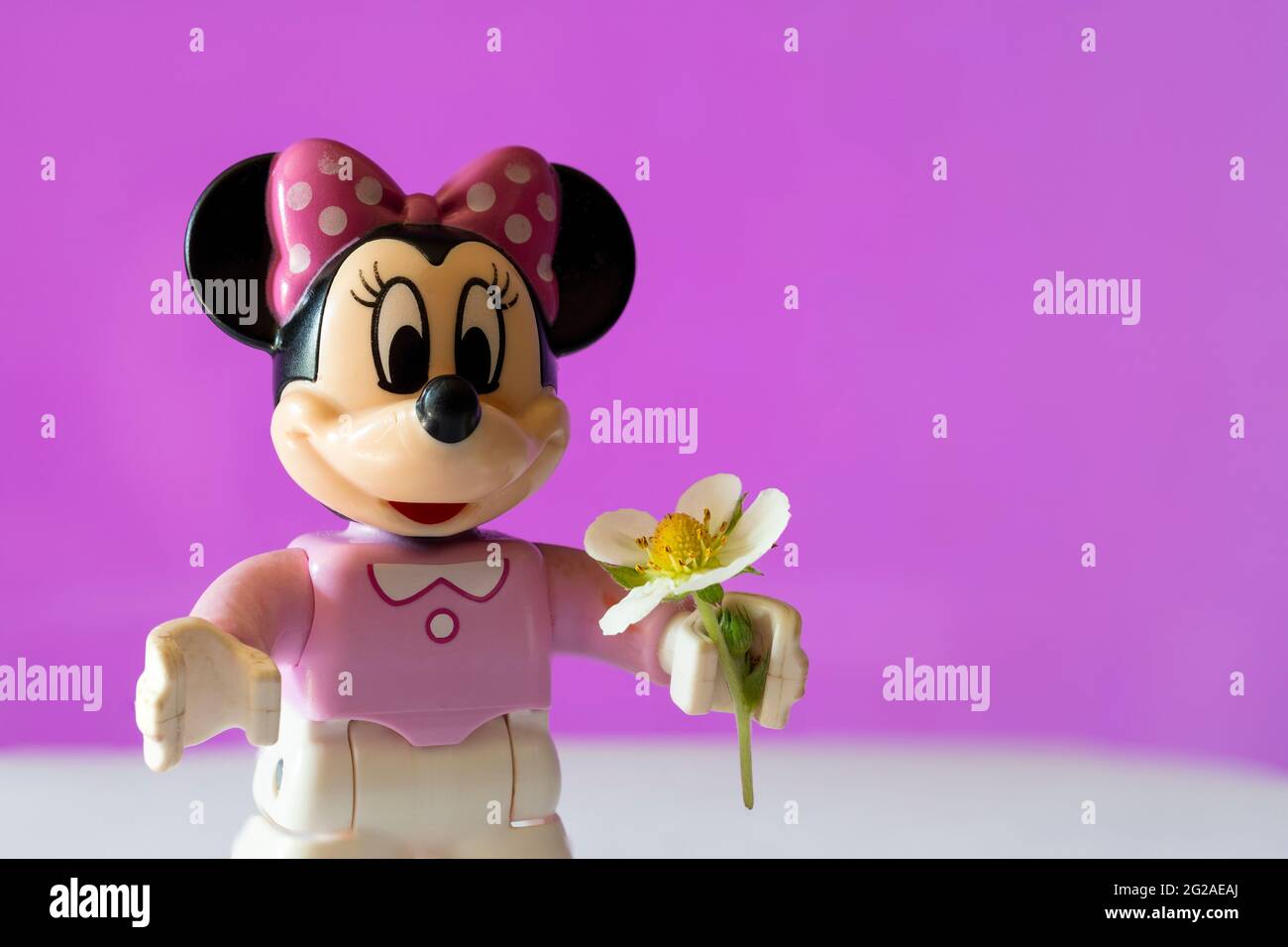 New York, USA - May 25, 2021: A close up shot of a miniature famous Disney character Minnie Mouse Disney character holding a flower against a pink bac Stock Photo