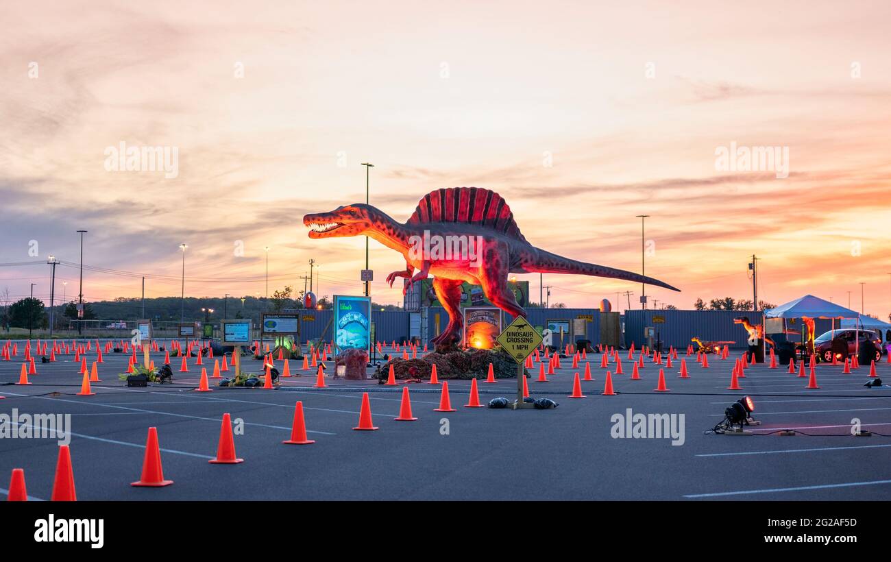 Syracuse, New York - May 23, 2021: Ultra Wide View of USA Dino Safari Park with a Gigantic Spinosaur in the Center. Stock Photo