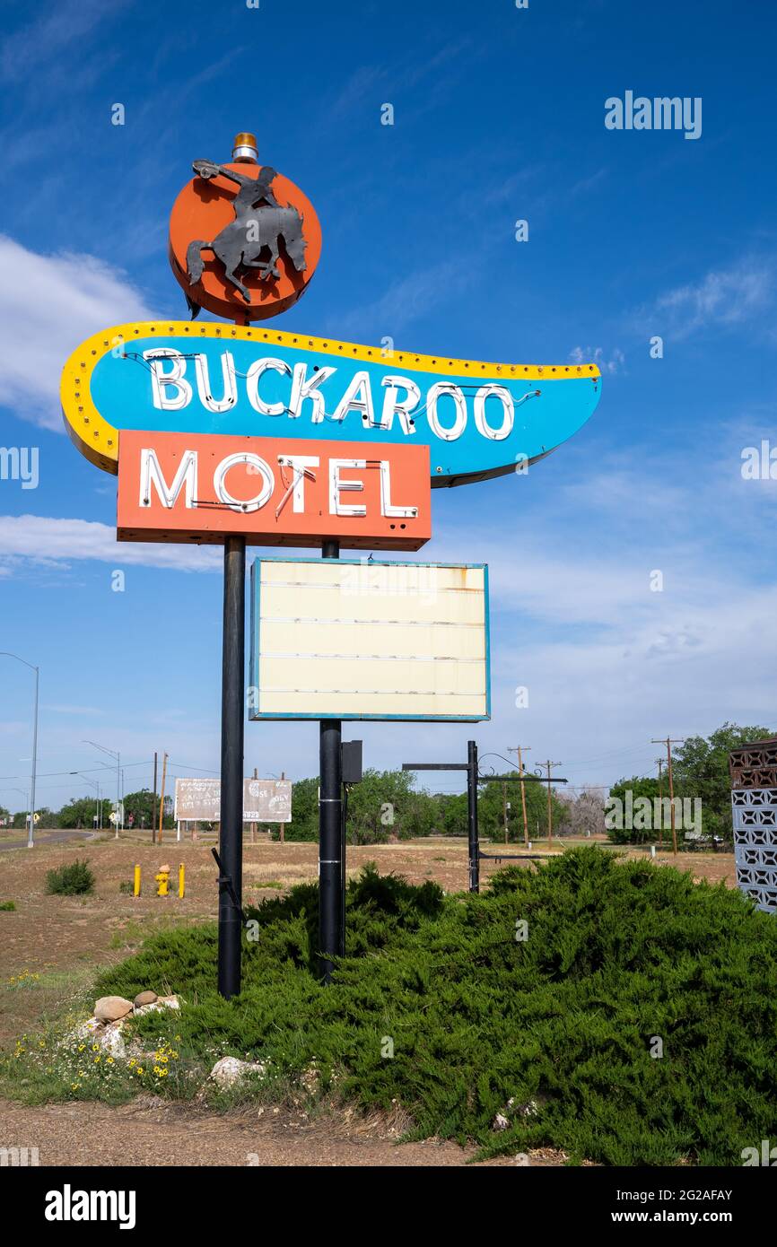 Tucamcari, New Mexico - May 7, 2021: The neon sign for the classic Buckaroo Motel along Route 66 Stock Photo