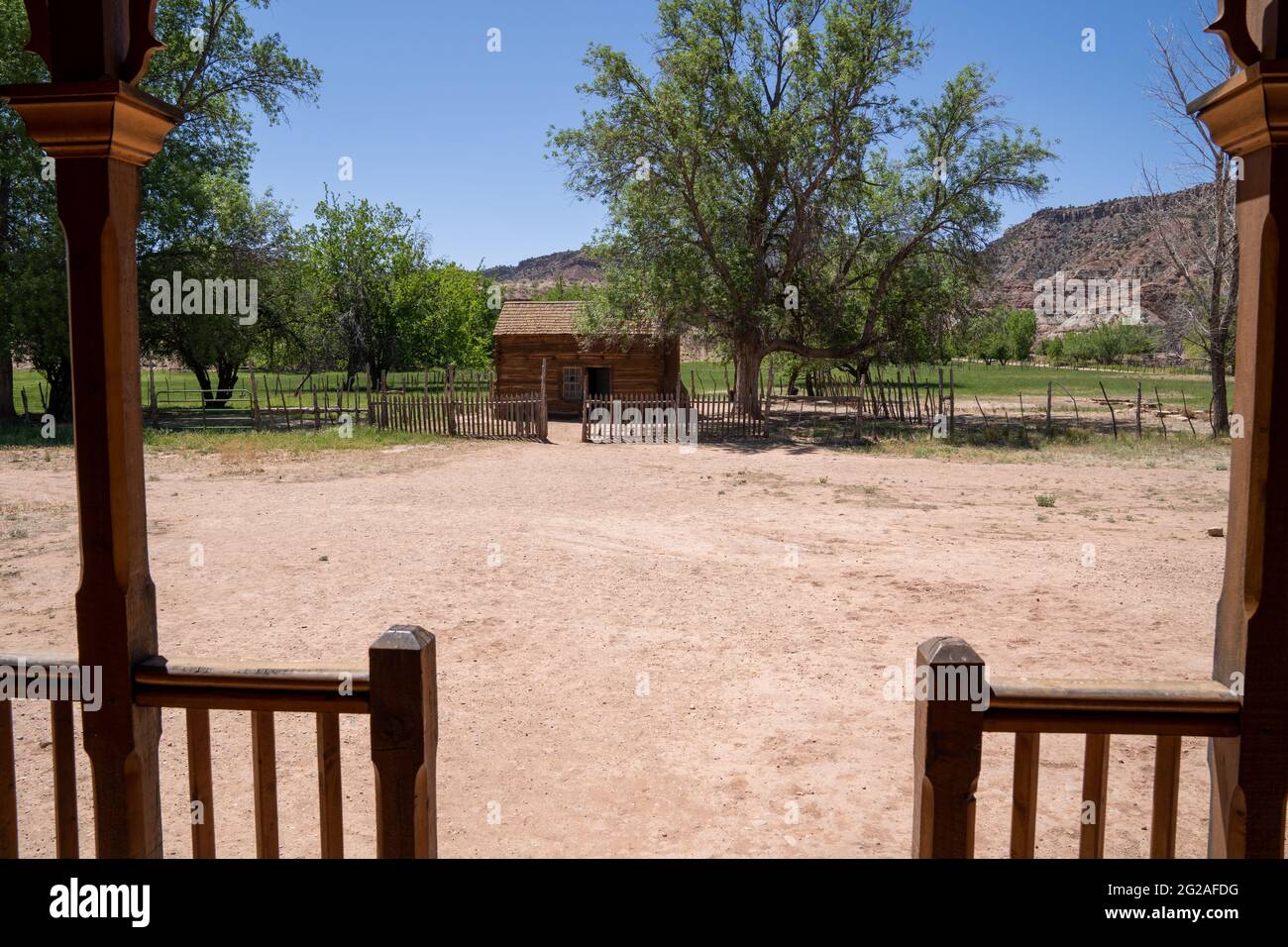 Looking out from the porch of an abandoned home in the ghost town of Grafton, Utah Stock Photo