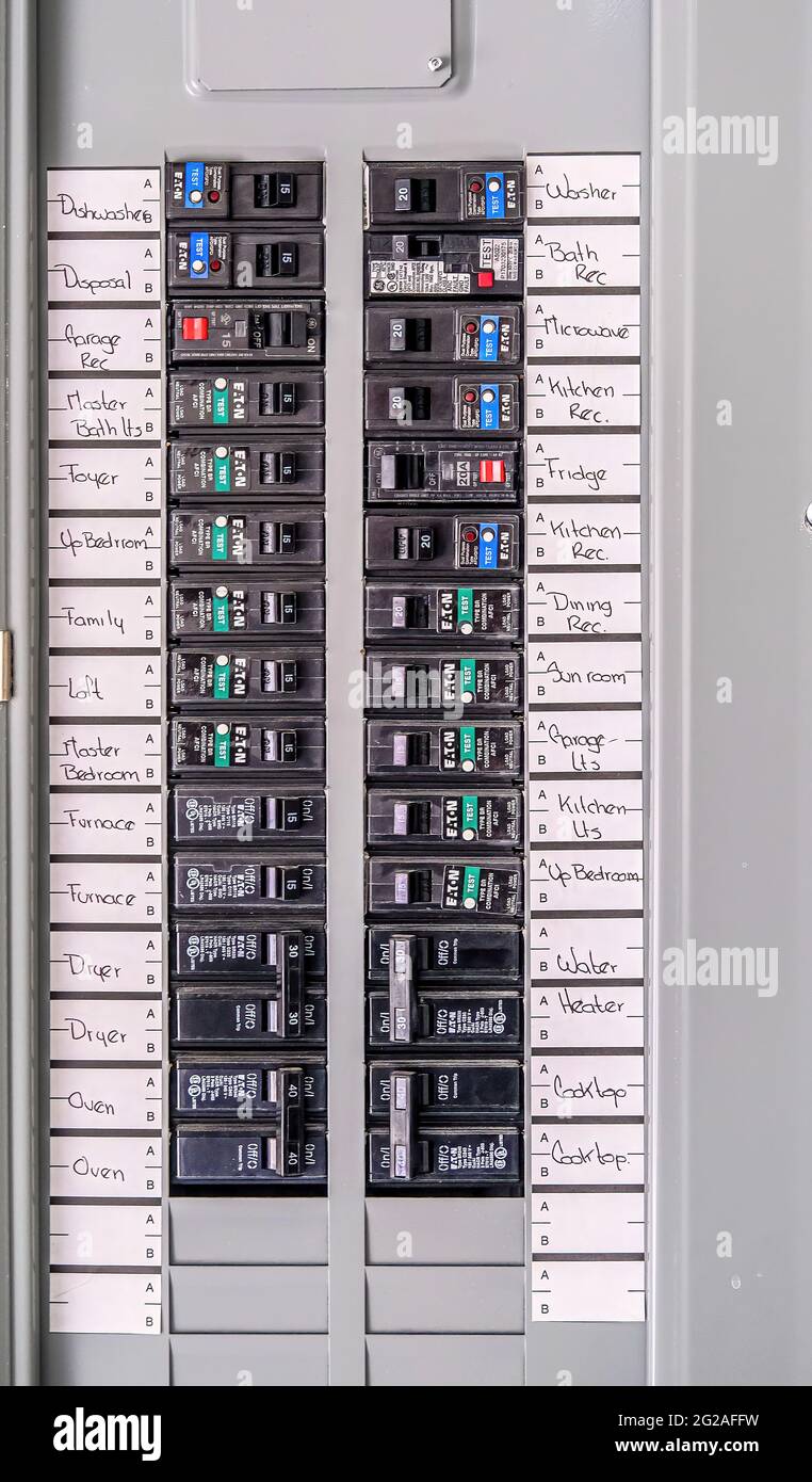 Labeled Circuit Breakers Stock Photo Alamy
