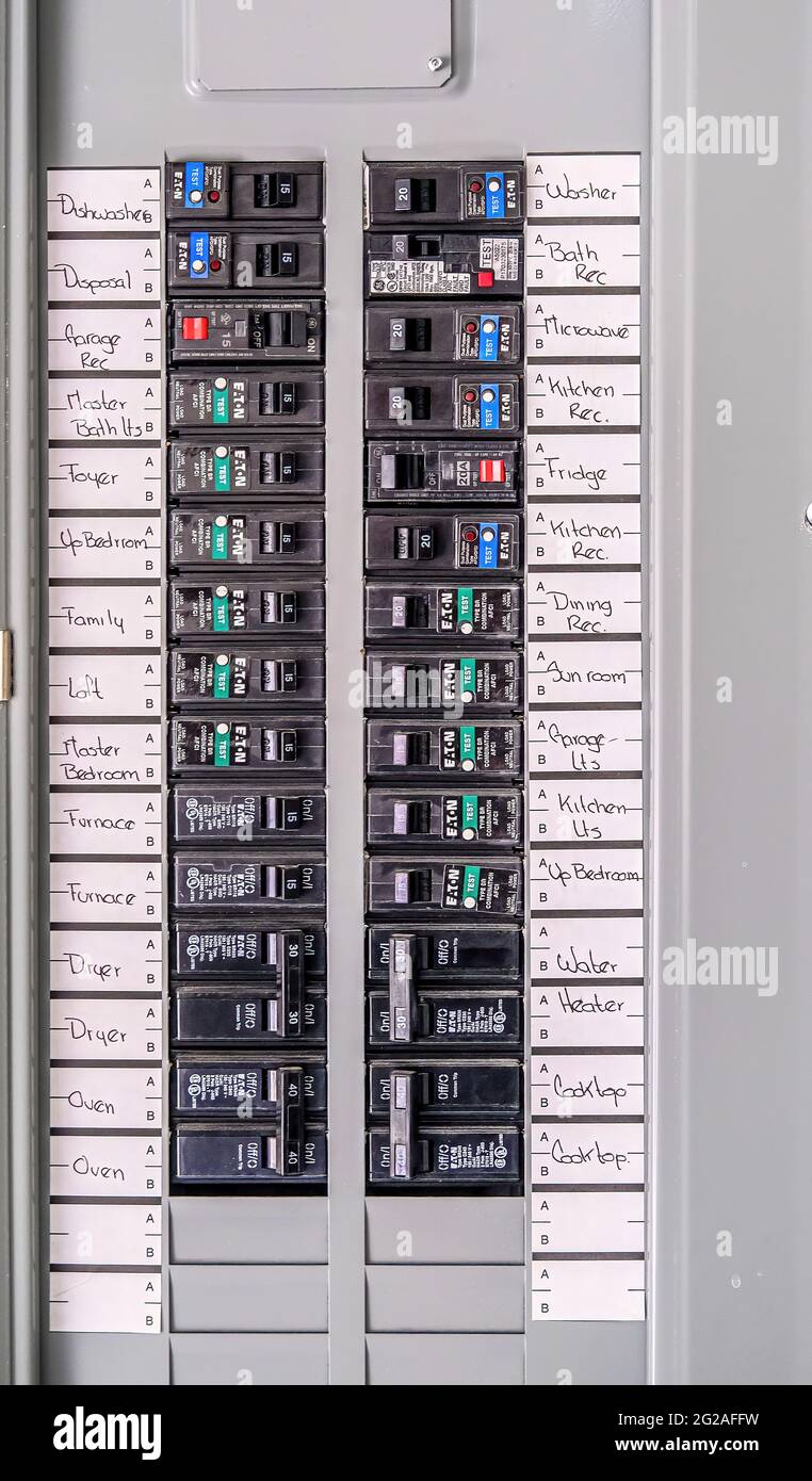 Labeled Circuit Breakers Stock Photo