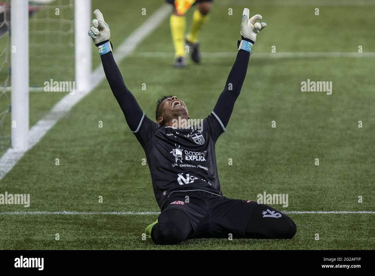 Diogo Silva do CRB celebrates saving penalty and thus winning penalty  competition for CRB during the Copa do Brasil football match between  Palmeiras v CRB at the Allianz Parque stadium in Sao