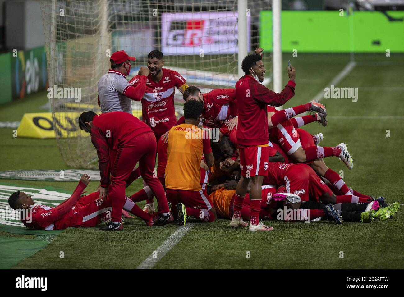 Diogo Silva do CRB celebrates saving penalty and thus winning penalty  competition for CRB during the Copa do Brasil football match between  Palmeiras v CRB at the Allianz Parque stadium in Sao