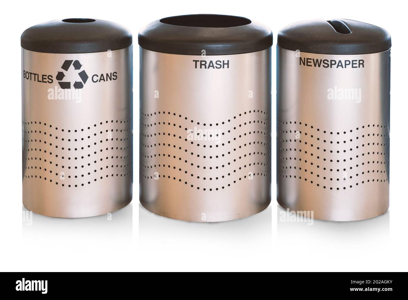 Recycling bins for plastic, paper and glass, isolated on white background. Clipping path Stock Photo