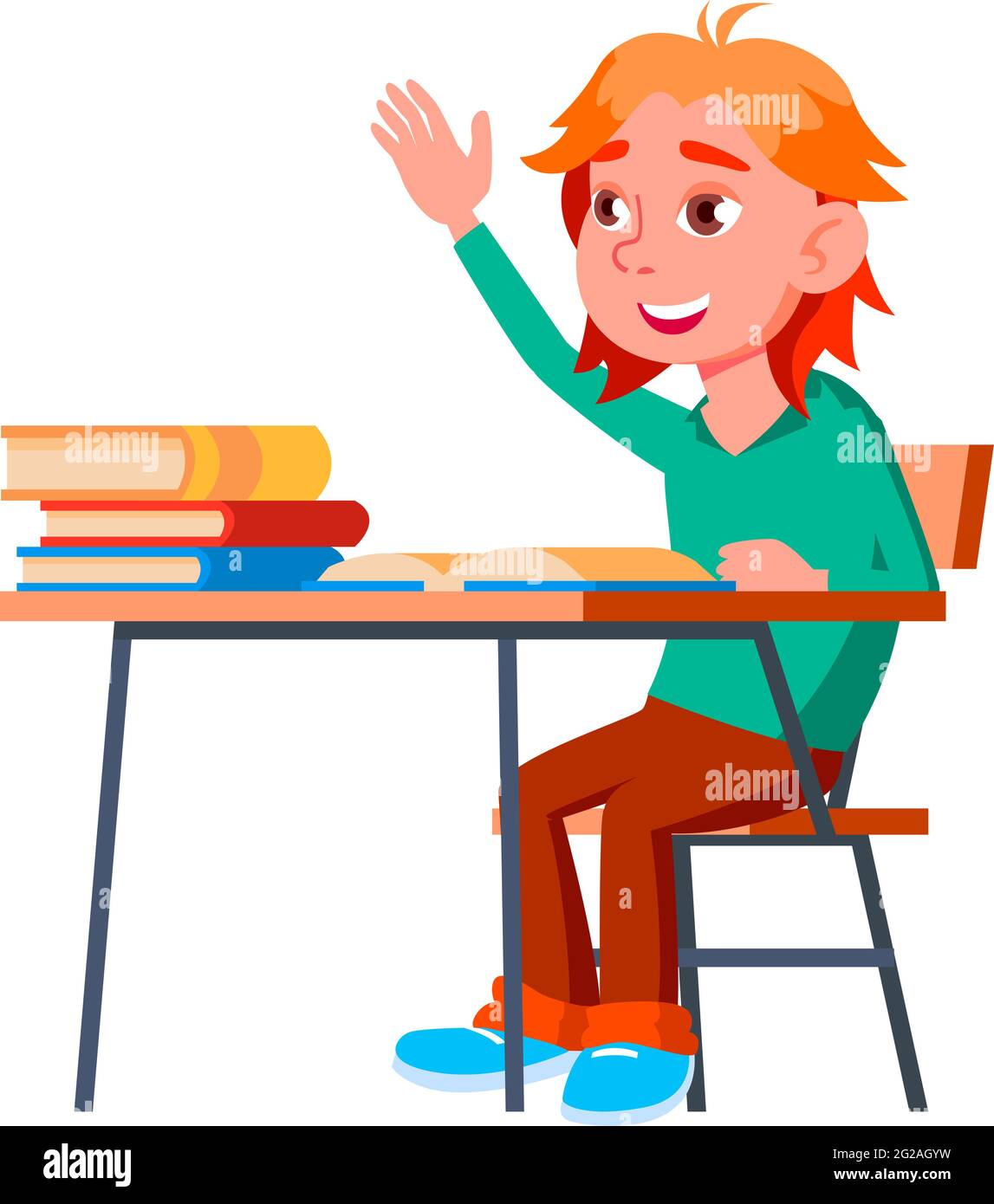 happy expression boy pupil raising hand on lecture cartoon vector Stock