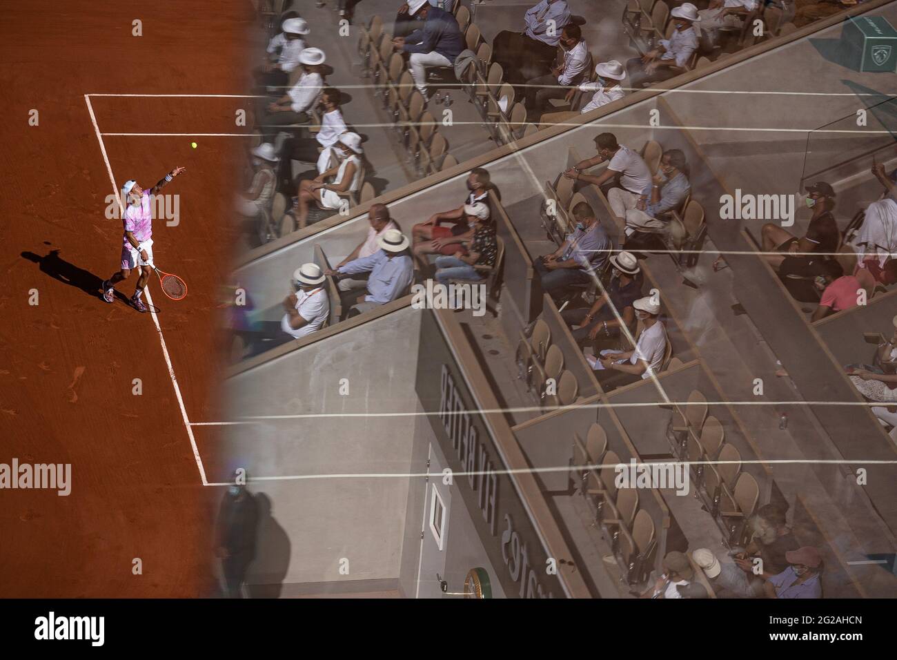 Paris, France. 9th June, 2021. Diego Schwartzman of Argentina serves during the men's singles quarterfinal against Rafael Nadal of Spain at the French Open tennis tournament at Roland Garros in Paris, France, June 9, 2021. Credit: Aurelien Morissard/Xinhua/Alamy Live News Stock Photo