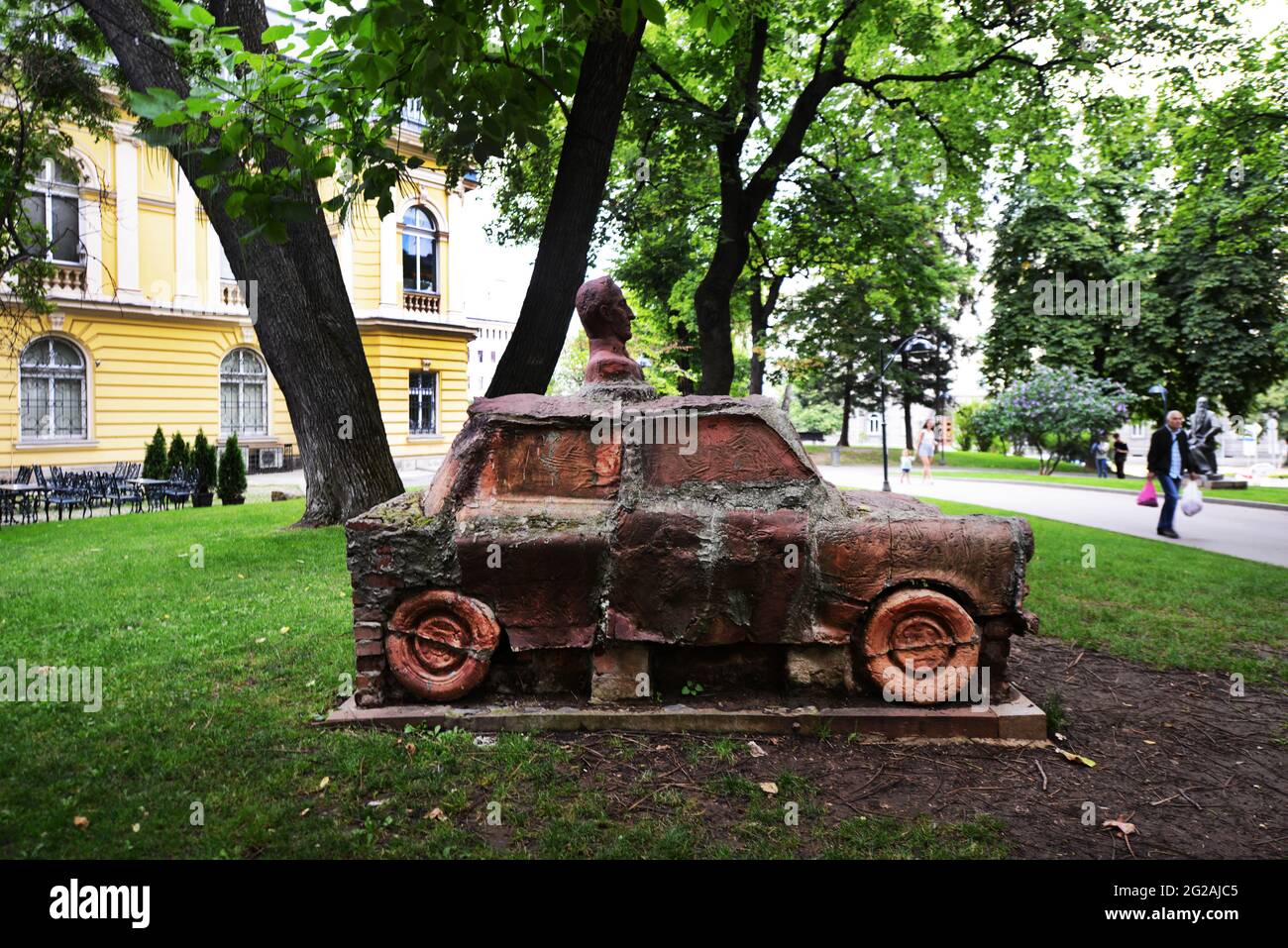 Monument Trabant By Georgi Donov. The head is of Marcel Duchamp. Sofia, Bulgaria. Stock Photo
