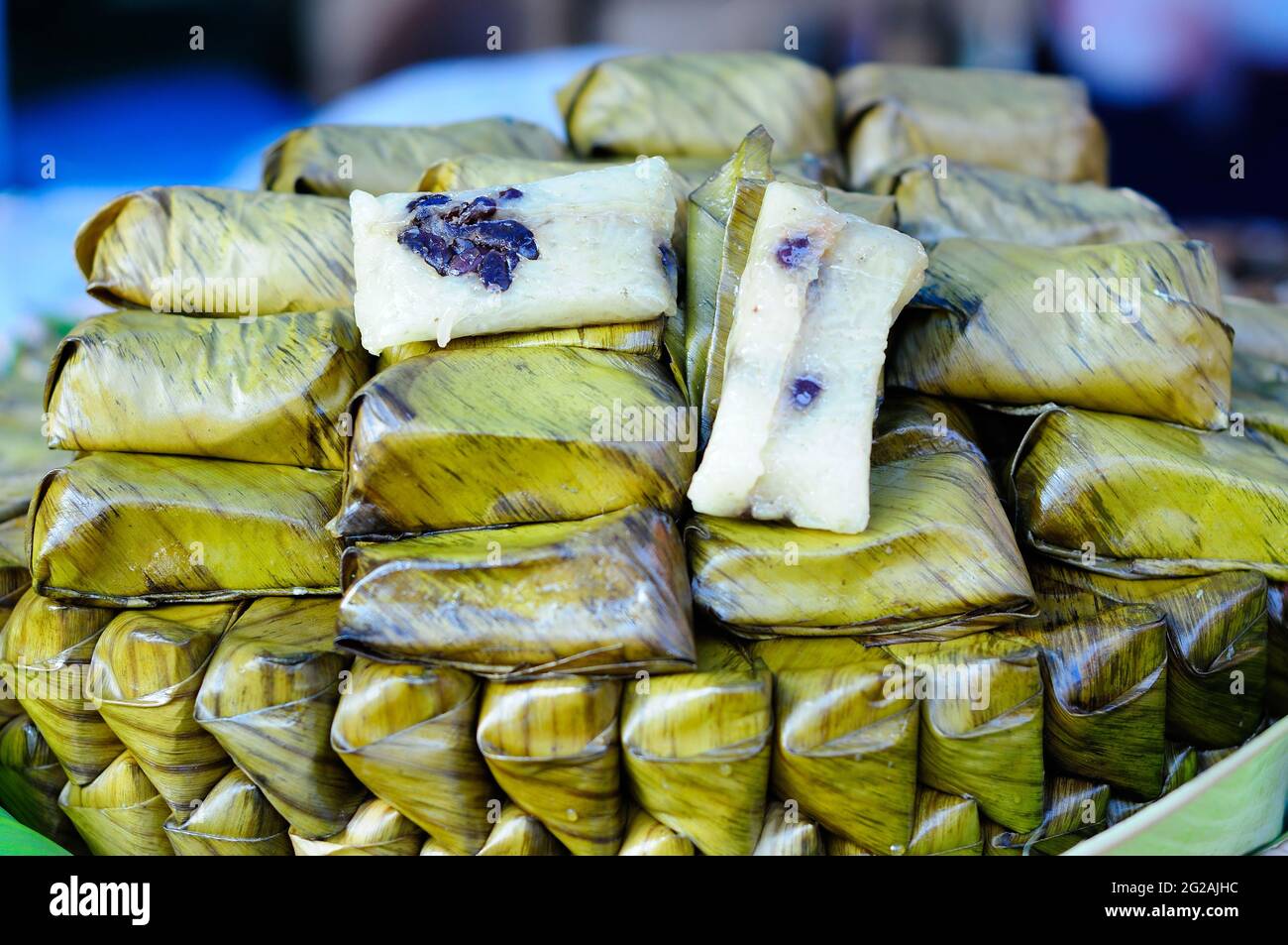 Thai Rice Cakes Wrapped in Banana Leaves Stock Photo