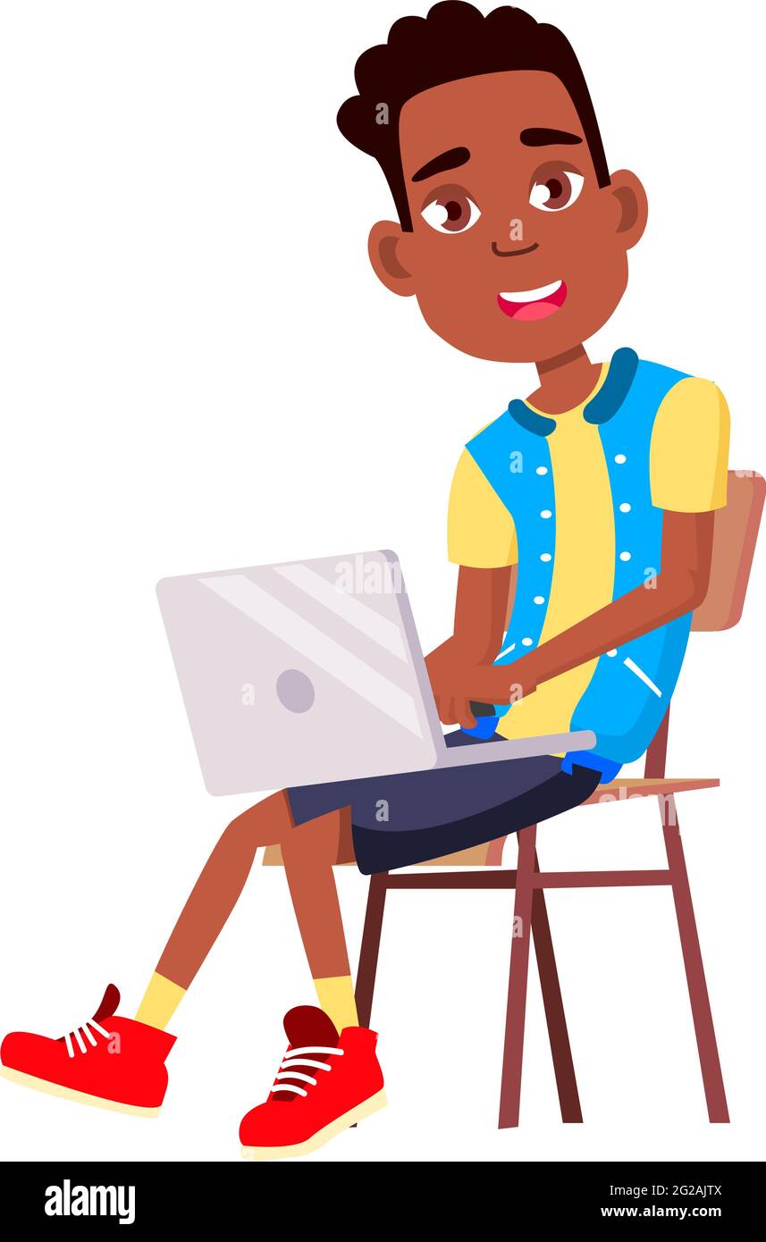 happy african boy chatting on social web site cartoon vector Stock Vector