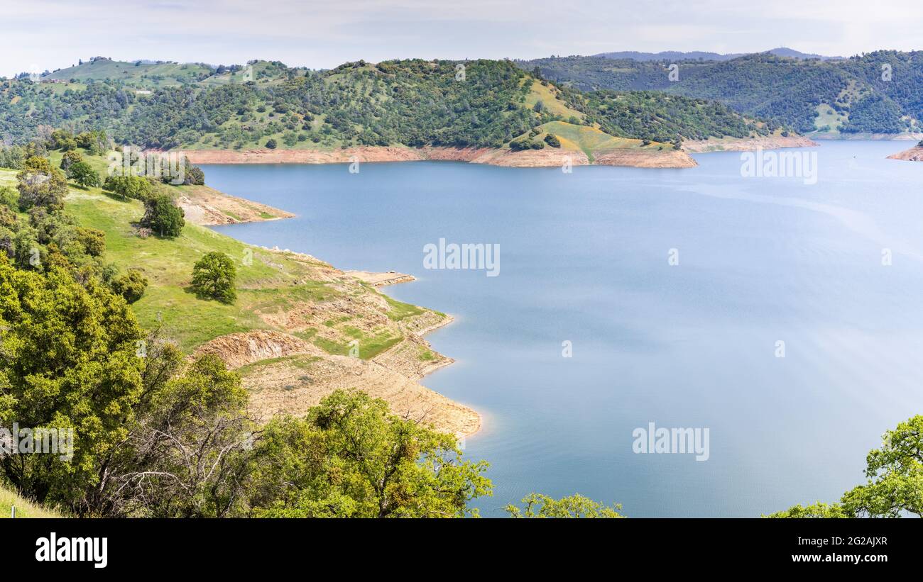 Aerial view of New Melones Lake, a reservoir on the foothills of Sierra Mountains; California Stock Photo