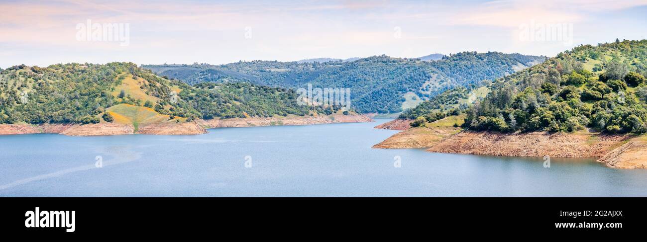 Panoramic view of New Melones Lake, a reservoir on the foothills of Sierra Mountains; California Stock Photo