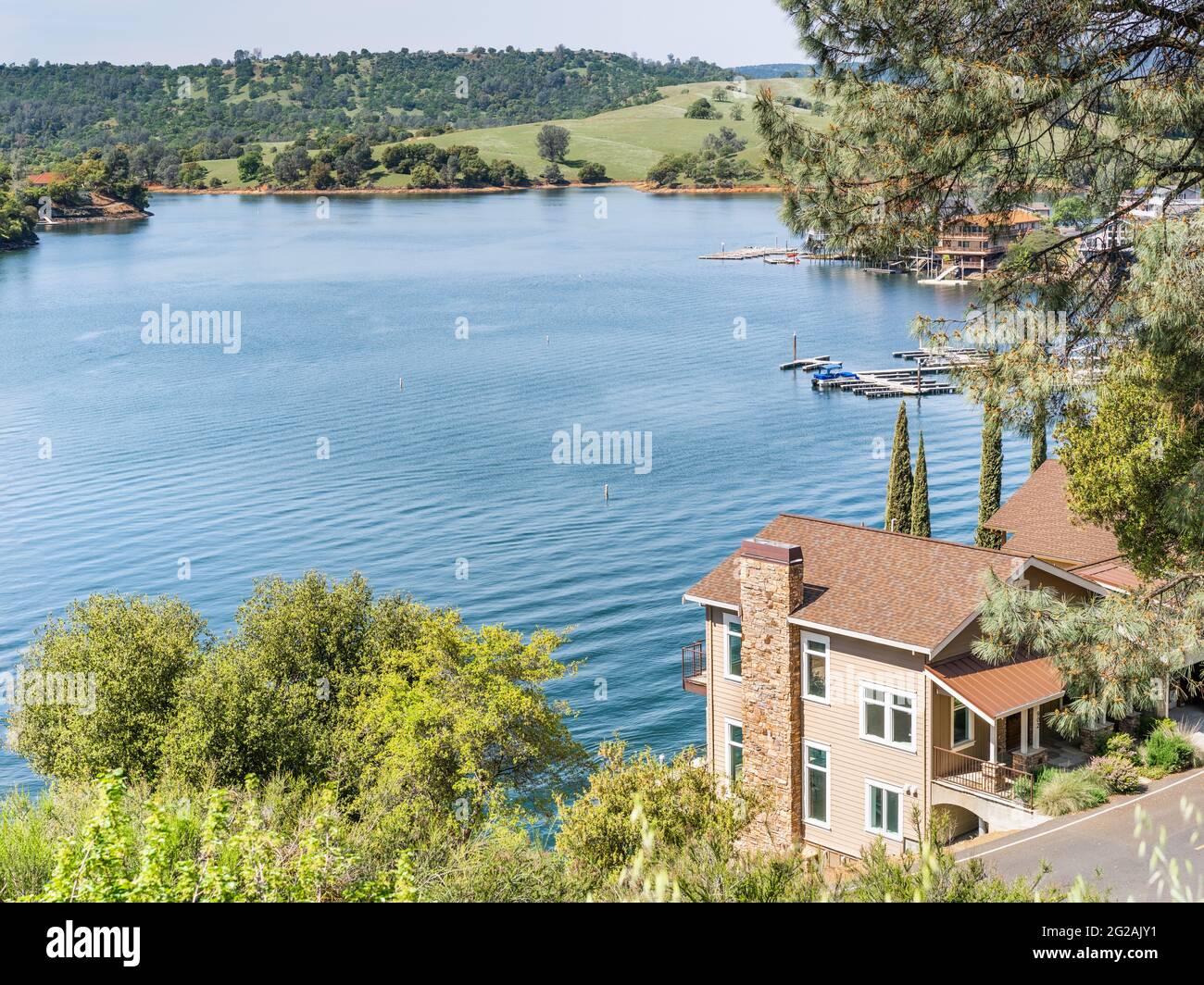 Aerial view of Lake Tulloch on the foothills of Sierra Nevada Mountains; Copperopolis, California Stock Photo