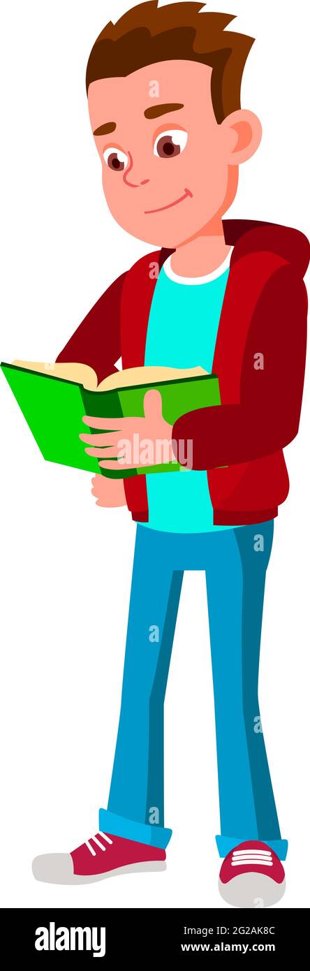 smiling boy teen reading interesting book in library cartoon vector Stock Vector