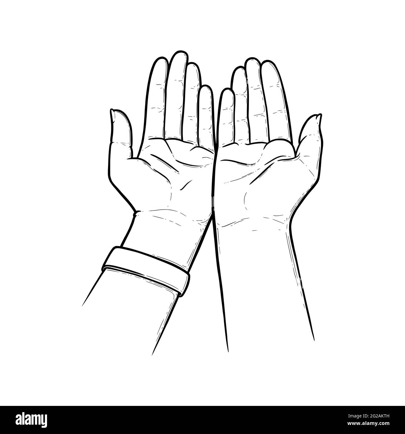 Outstretched hands praying for help and care. Open empty hands asking for protection. Sketch vector illustration isolated in white background Stock Vector