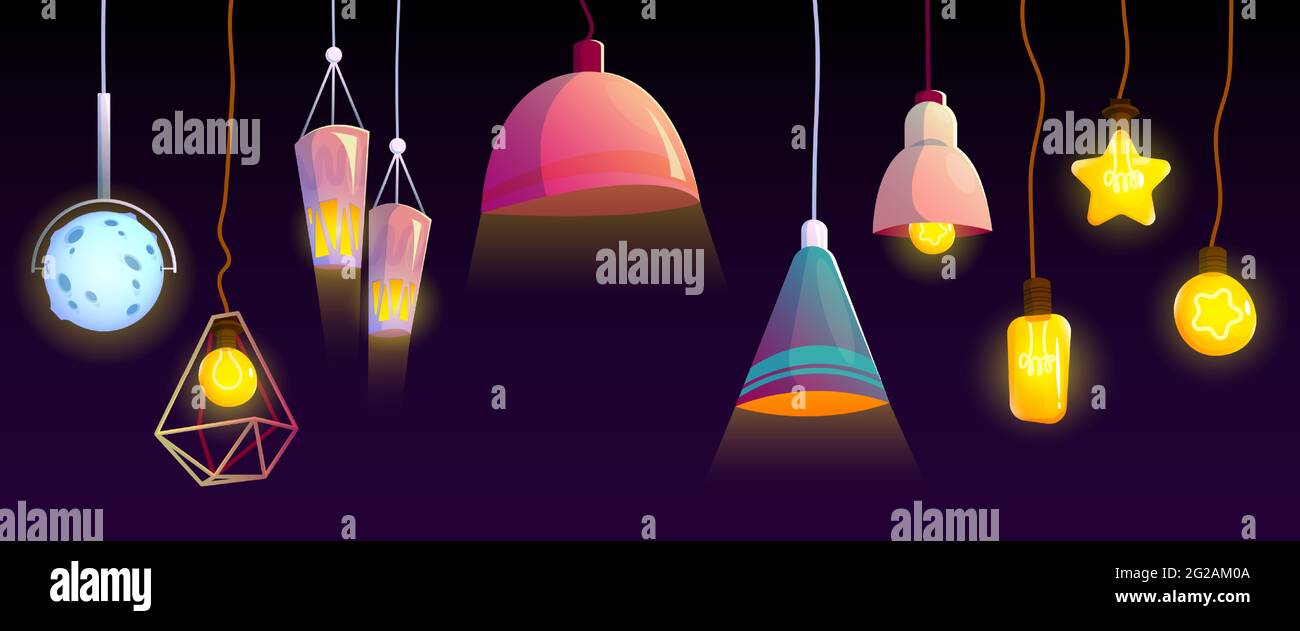 Ceiling lamps, glowing electric bulbs, incandescent modern lightbulbs of different shapes and design hanging from above. Light equipment isolated on black background. Cartoon vector illustration, set Stock Vector
