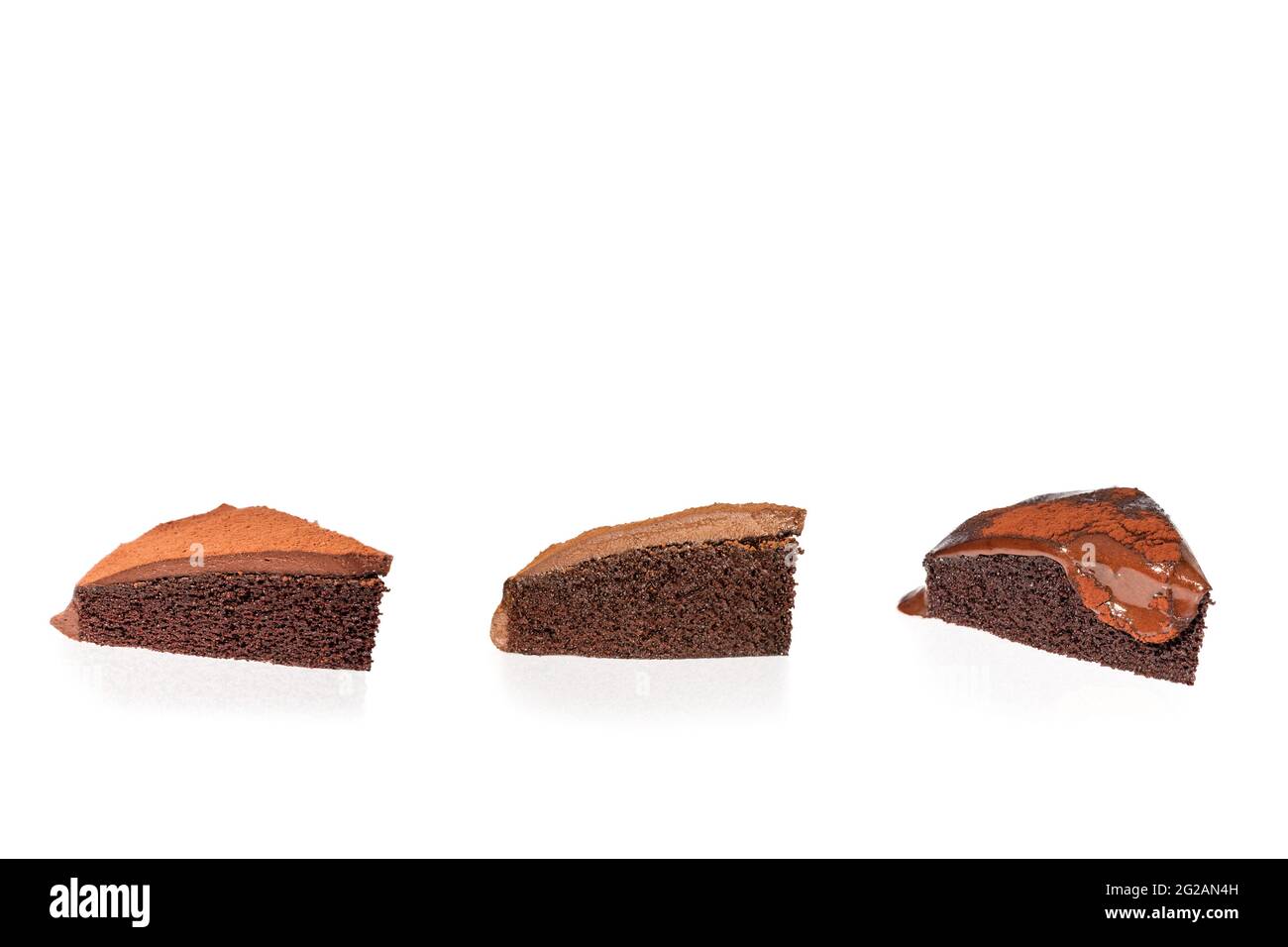 Three slice chocolate cake isolated in white background. Stock Photo