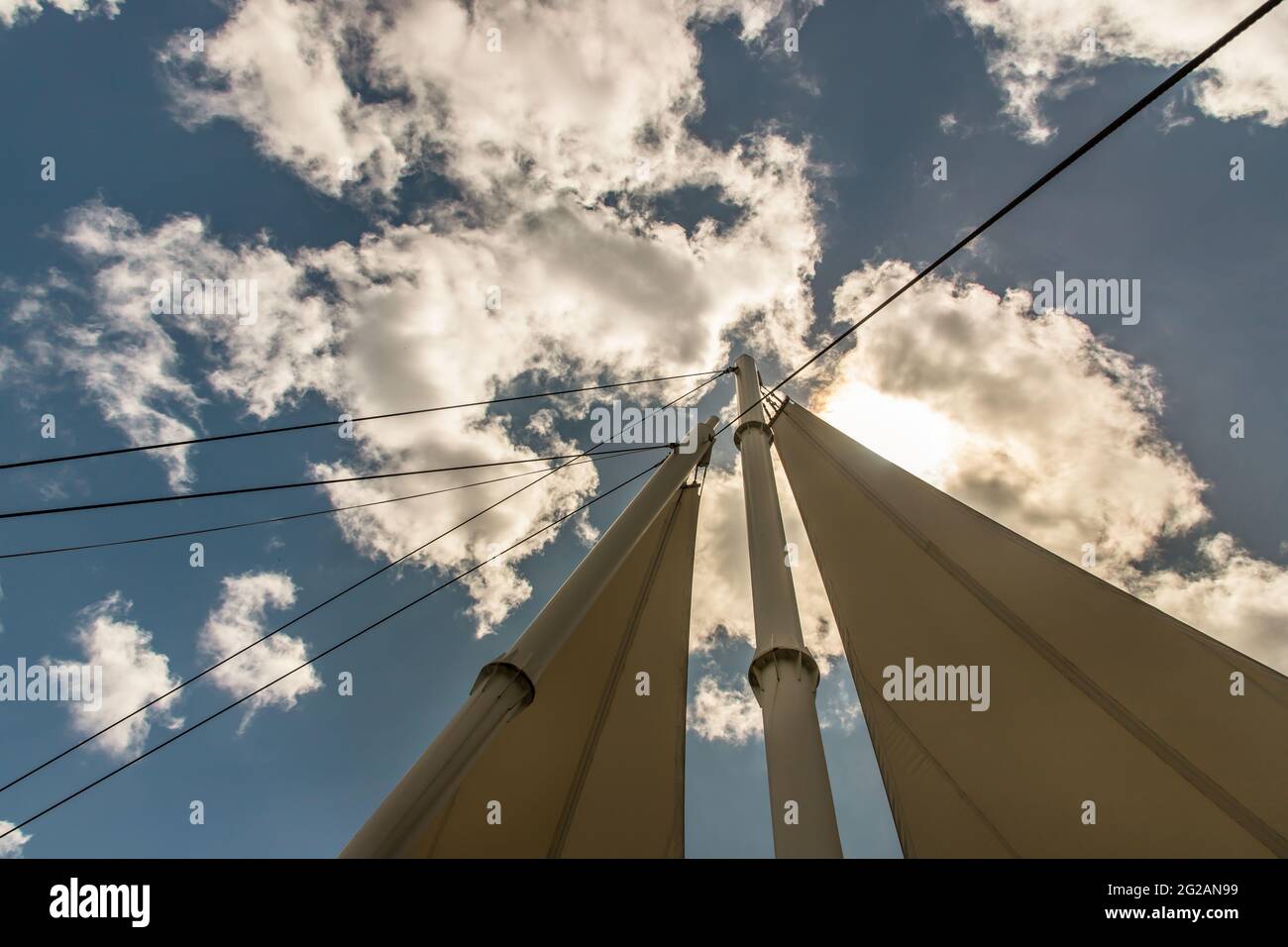 Connection points of tension membrane roof. Turnbuckle wire rope