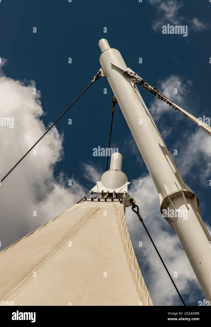 Connection points of tension membrane roof. Turnbuckle wire rope