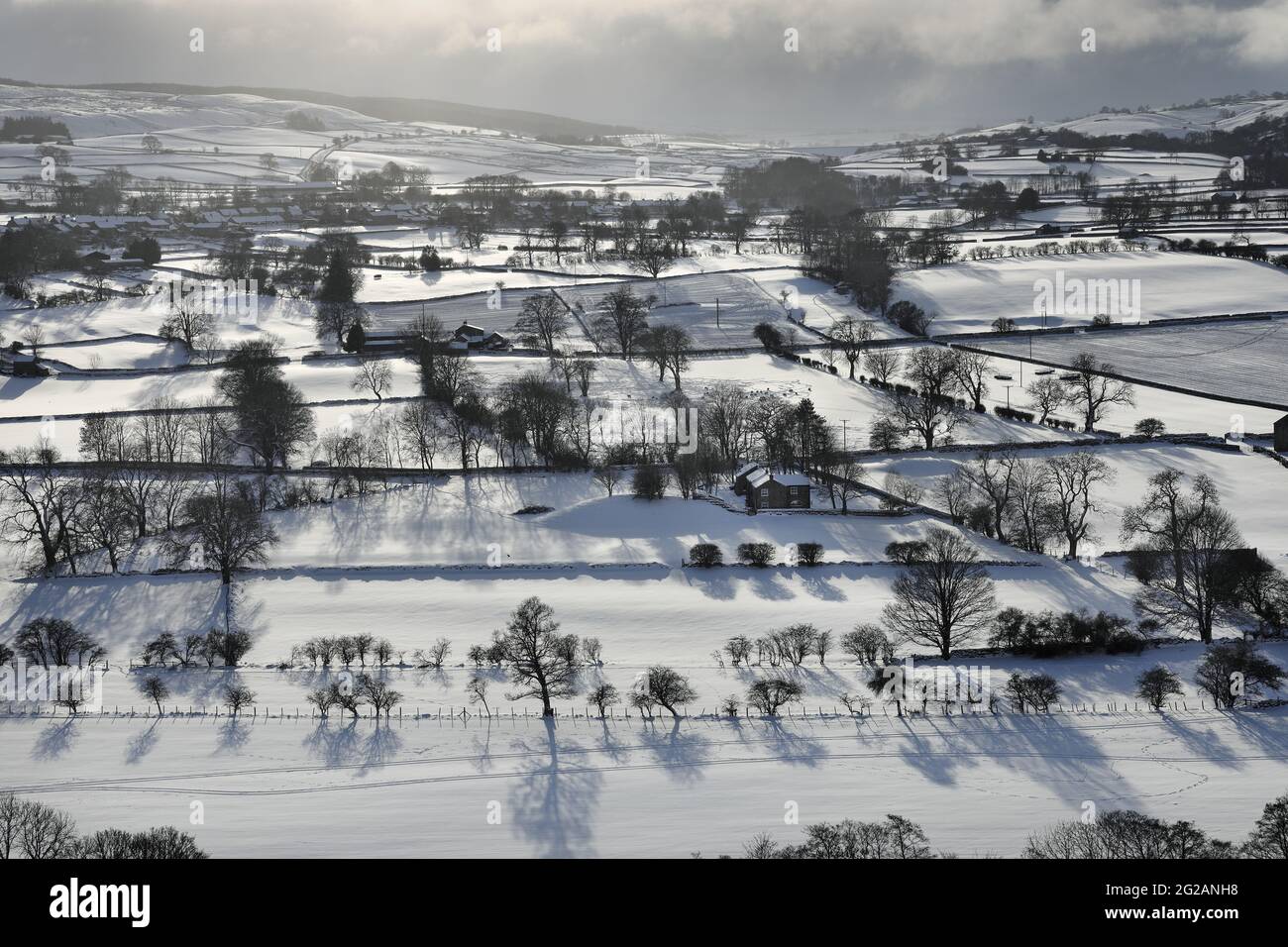 The View from Whistle Crag near Middleton-in-Teesdale Towards the Village of Mickleton in Winter, Teesdale, County Durham UK Stock Photo