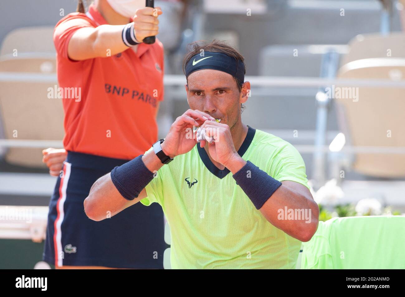 Paris, France. 09th June, 2021. Raphael Nadal during the 2021 French Open at Roland Garros on June 9, 2021 in Paris, France. Photo by Laurent Zabulon/ABACAPRESS.COM Credit: Abaca Press/Alamy Live News Stock Photo
