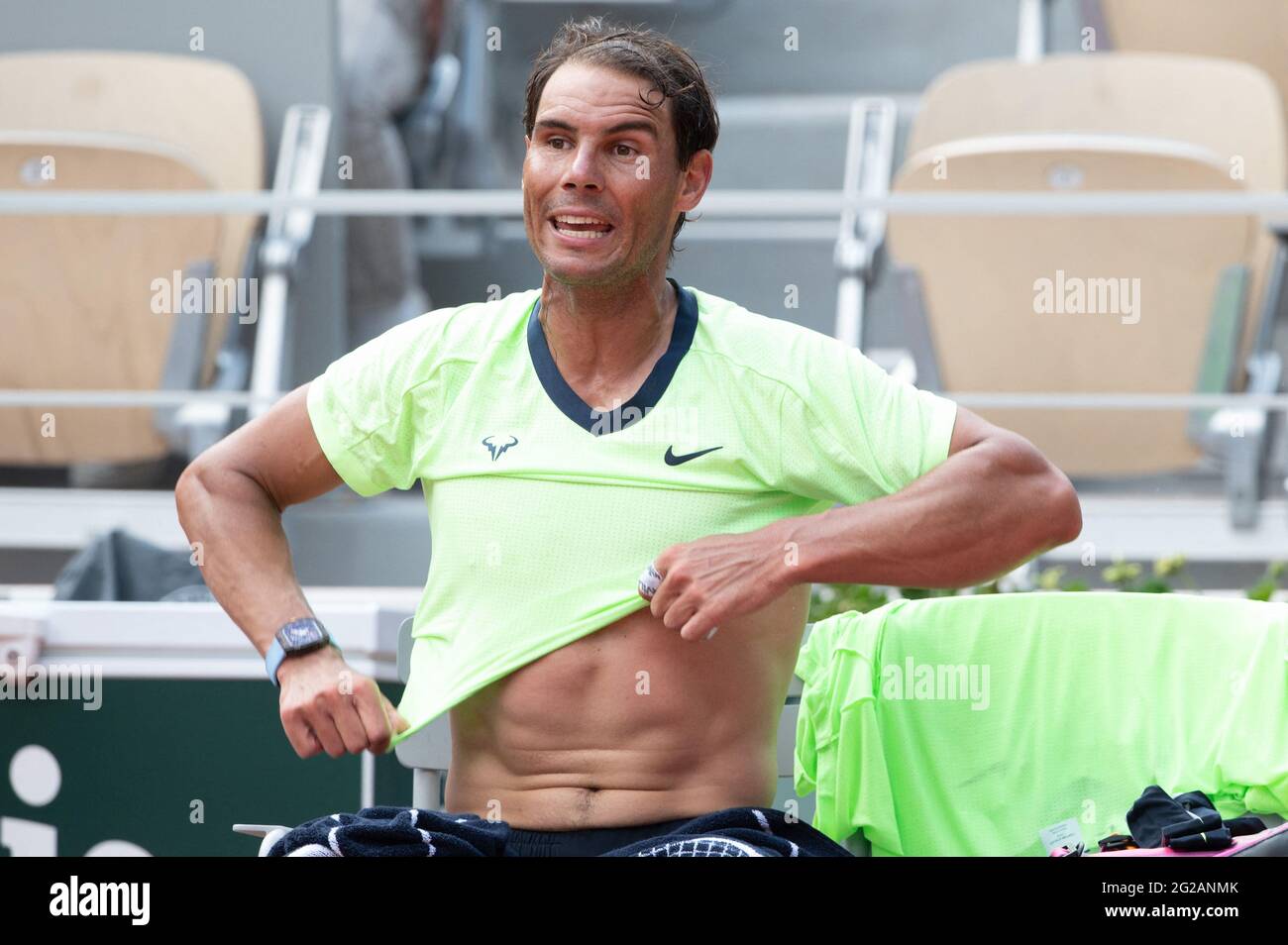 Paris, France. 09th June, 2021. Raphael Nadal during the 2021 French Open at Roland Garros on June 9, 2021 in Paris, France. Photo by Laurent Zabulon/ABACAPRESS.COM Credit: Abaca Press/Alamy Live News Stock Photo