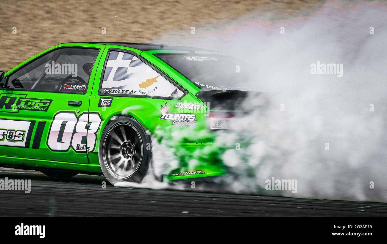 Oschersleben, Germany, August 30, 2019:Greek racing driver Stavros Grillis driving the Toyota Corolla AE86 during the Drift Kings International Stock Photo