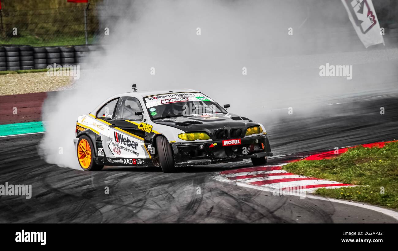 Oschersleben, Germany, August 30, 2019:	Racing driver Maxi Grimm driving a BMW E46 M3 during the Drift Kings International Series at Motorsport Arena Stock Photo