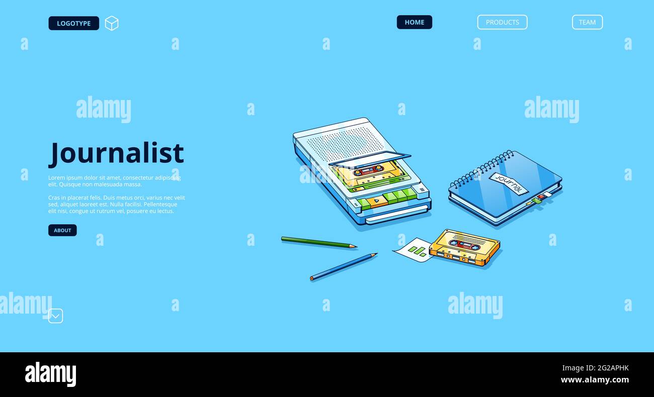 Journalist banner with equipment for interview. Vector landing page of broadcast author, newspaper writer with isometric illustration of dictaphone with audio cassette, notebook and pencils Stock Vector