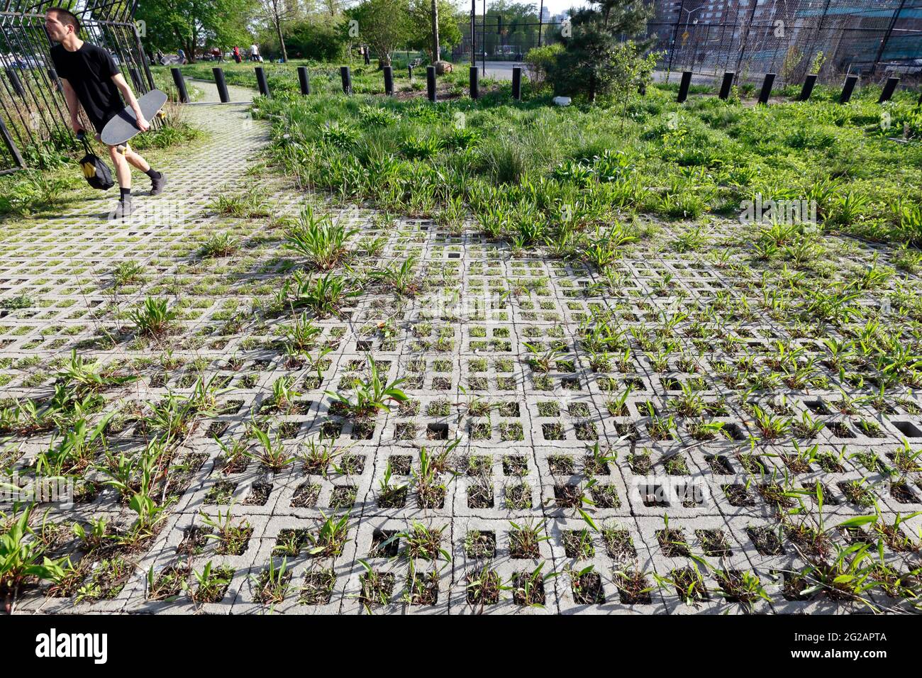 A plaza paved with permeable pavers at East River Park in Manhattan's Lower East Side, New York, NY. Permeable pavers slows stormwater runoff Stock Photo