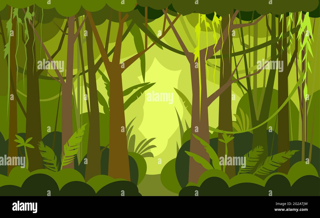 Jungle illustration. Dense wild-growing tropical plants with tall, branched trunks. Rainforest landscape. Flat design. Cartoon style. Vector Stock Vector
