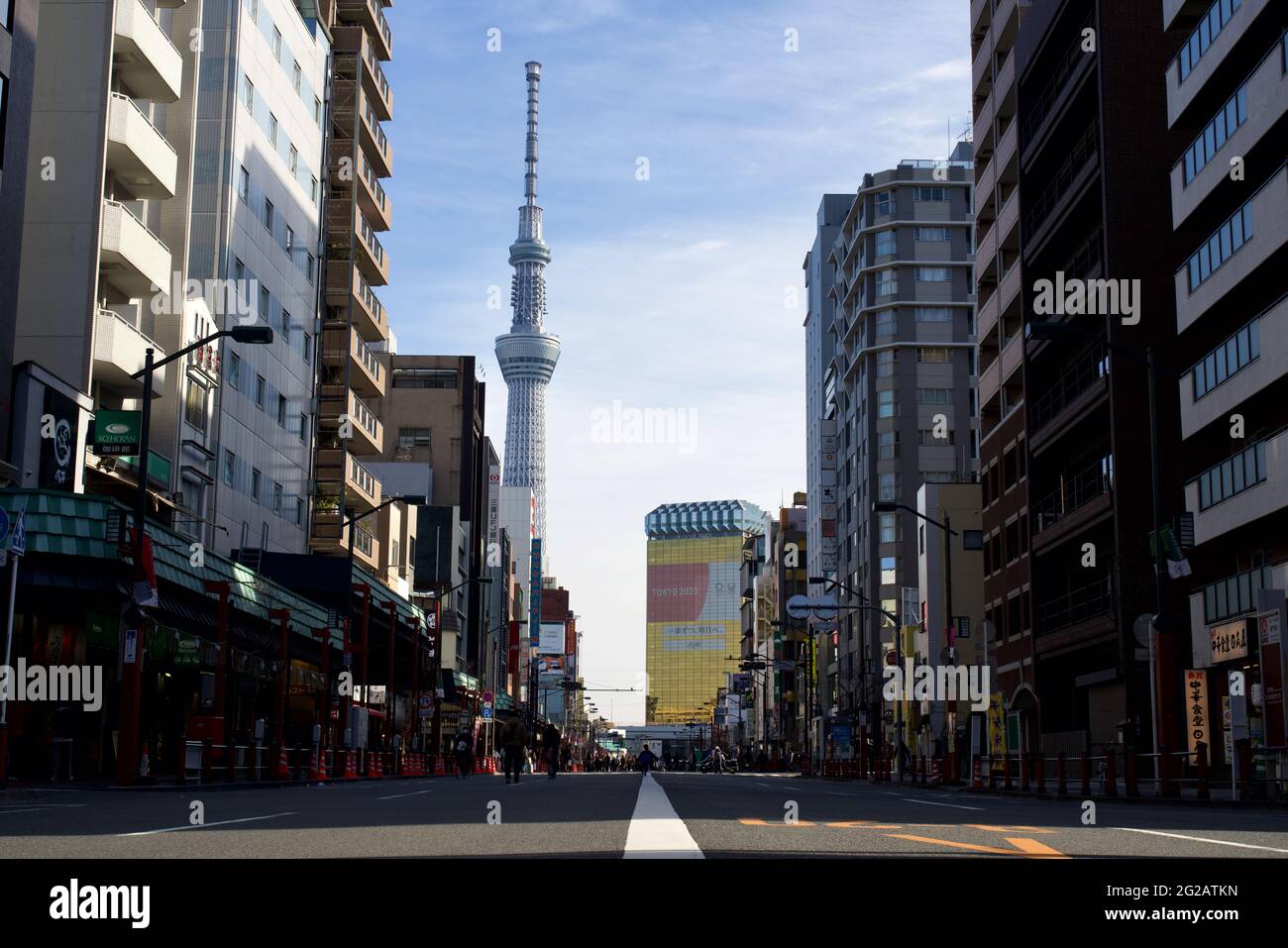 View of Tokyo Sky Tree and Asahi Group Head Office Building from Kaminarimon-Dori Street, during Japanese New Year, Asakusa, Tokyo, Japan Stock Photo