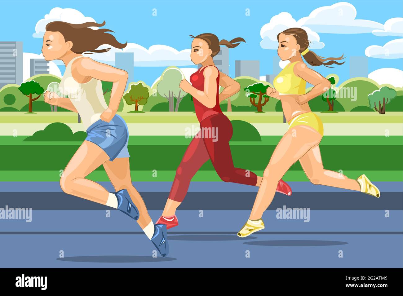 The girls are running. Sports running. Fitness and healthy lifestyle. Flat  cartoon style. Women runners train in an urban park area. Women's athletics  Stock Vector Image & Art - Alamy