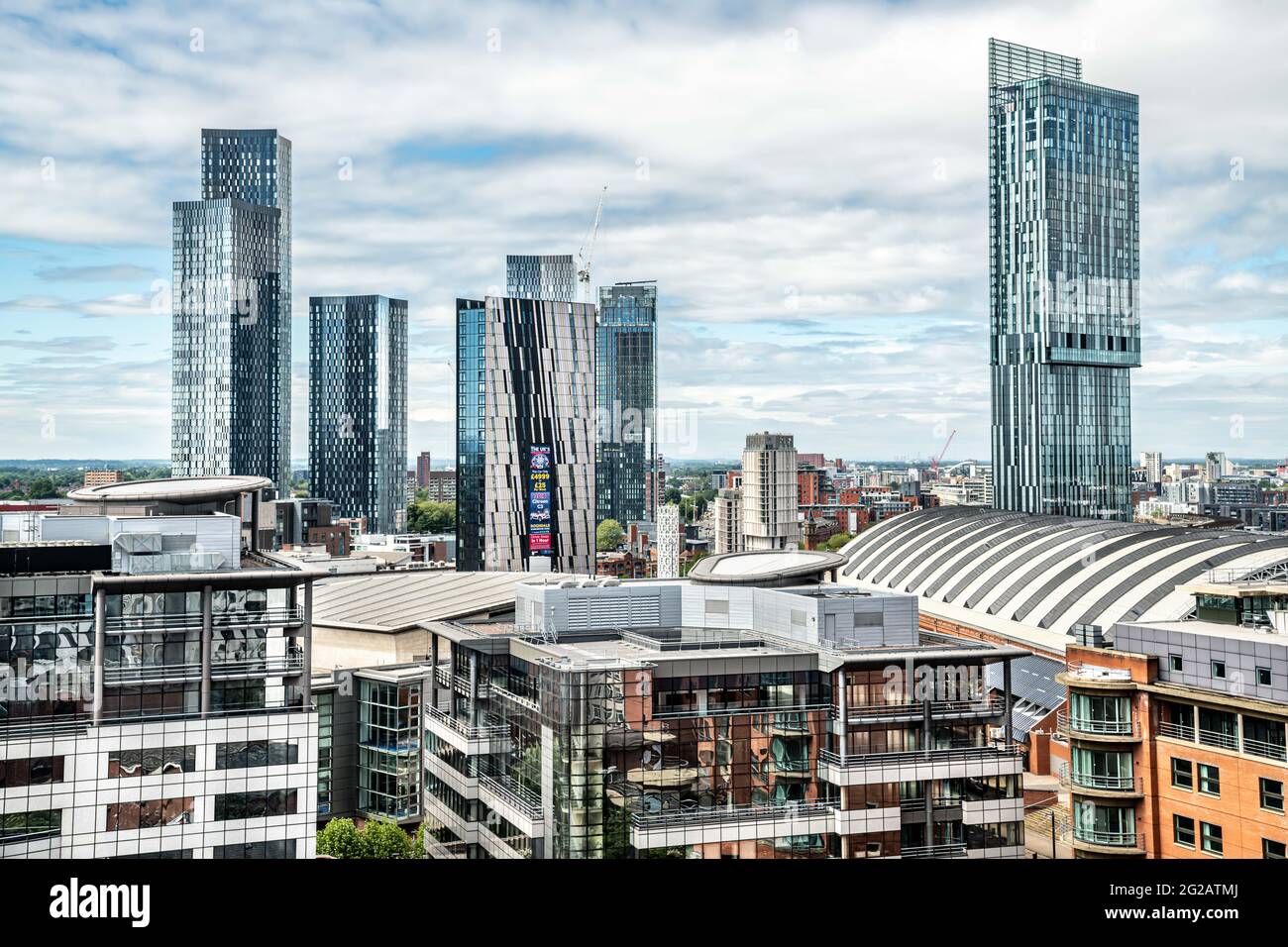 Manchester skyline showing Beetham Tower and new Deansgate Square development. Stock Photo